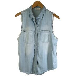 RD Style Women's Chambray Plaid Short Sleeve Button Up Top Blue Size XS